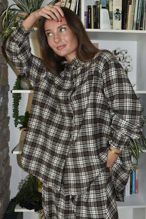 Patrick Plaid Brushed Cotton Edwardian Blouse Earth